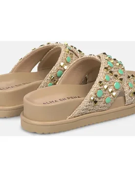 Sandalias planas de mujer de rafia con doble tira con abalorios y plataforma - Alma en Pena - FashionsVida
