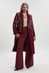 Women's Wool Floral Embroidered Double Breasted Coat in Burgundy Size: 6 - Burgundy - Size: 6