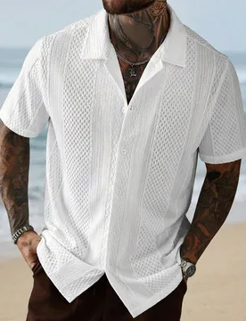 Camisa de manga corta con textura de jacquard de unicolor para hombres de talla grande, camisa de ganchillo para hombres, camisa de red para hombres b - Shein - FashionsVida