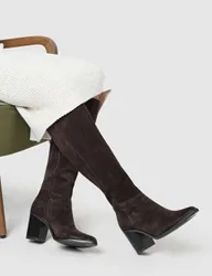 Suede Block Heel Knee High Boots Brown Mix female