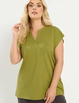 Women's Notch Neck T-Shirt in Green Size: 16 - Green - Size: 16 - Yours - FashionsVida