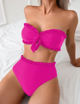 Conjunto de bikini de dos piezas con parte superior bandeau con volantes y nudo delantero, traje de baño negro de unicolor para mujer S - Shein - FashionsVida