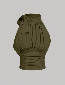 Top sin mangas de cuello alto con lazo y fruncido en color oliva XL - Shein - FashionsVida