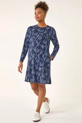 Women's Floral Print Side Button Stretch Dress in Navy Size: 16 - Navy - Size: 16