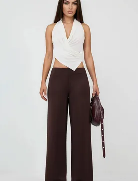 Womens High Waist Wide Leg Trousers - Brown - Size Small - Busem - FashionsVida