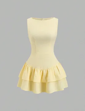 Vestido mini de línea A con doble capa de volantes, elegante, romántico, juguetón, lindo, bohemio, adecuado para festivales de música, vacaciones, - Shein - FashionsVida