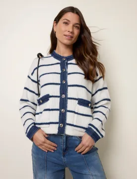 Stripe & Denim Cardigan - M/L / IVORY/NAVY - female - Blue Vanilla - FashionsVida