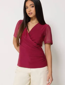 Women's Petite Mesh Wrap Top in Wine Size: 10 - Wine - Size: 10 - M&Co - FashionsVida