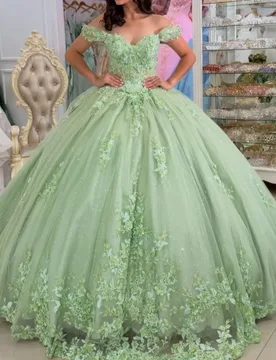 Green Quinceanera Dress Crystal 3D Flower Decal Long tail off-shoulder Vestidos De 15 Quinceanera ﻿Customize - Aliexpress - FashionsVida