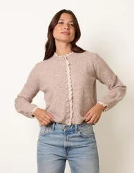 Lace Trimmed Cardigan - M/L / TAUPE - female