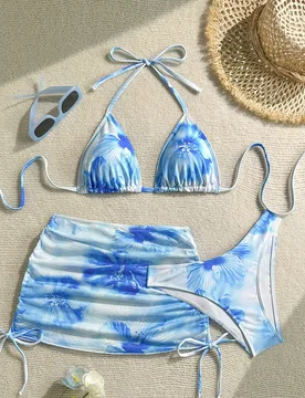Bikini floral con escote halter y espalda descubierta, sexy, con pareo falda, ropa de playa de verano XS - Shein - FashionsVida