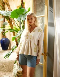 Embroidered Cheesecloth Top - S/M / STONE - female