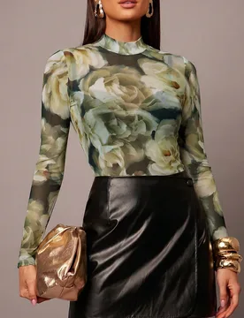 Blusa casual versátil de uso diario con cuello alto y estampado floral para mujer M - Shein - FashionsVida