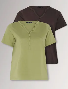 Women's 2 Pack Henley Top in Brown Size: 20 - Brown - Size: 20 - Yours - FashionsVida