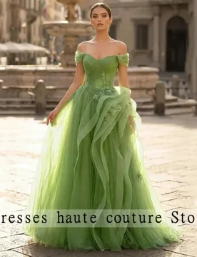 Customized Green A-line Appliques 3D Flower Prom Dresses Off the Shoulder Vestidos De Noche Floor-Length Formal Evening Dress - Aliexpress - FashionsVida