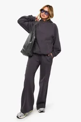 Womens Pintuck Detail Deep Waistband Wide Leg Jogger - Charcoal Cotton - Size X-Small