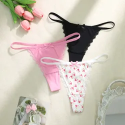 Set de 3 tangas de mujer con estampado floral, encaje y lazo XXS