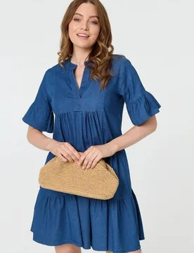 Women's Flared 1/2 Sleeve Tiered Midi Dress in Blue Size: 8 - Blue - Size: 8 - Izabel London - FashionsVida
