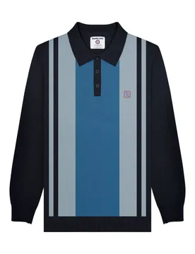 Mens Aw25 Vintage Panelled Long-Sleeved Polo Shirt (Navy/iron) Cotton - Size X-Large - Lambretta - FashionsVida