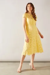 Womens Lace Fit And Flare Midi Dress - Yellow - Size 18 Uk