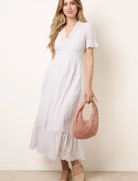 Women's Shirred Waist Ivory Short Sleeve Slip On V-neck Midi Dress Size: Small - Ivory - Size: S - Blue Vanilla - FashionsVida