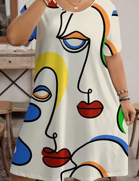 Vestido casual de manga corta cuello redondo con estampado de retrato abstracto, talla grande, verano 0XL - Shein - FashionsVida
