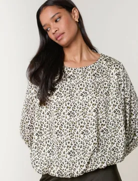 Leopard Print Elasticated Hem Blouse - M / KHAKI - female - Blue Vanilla - FashionsVida