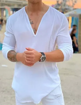 Deep V Neck T-Shirt Mens Casual Shirt Solid Color Long Sleeve Tshirt Loose Pullover Men Loose Top Irregular Hem Shirt - Aliexpress - FashionsVida