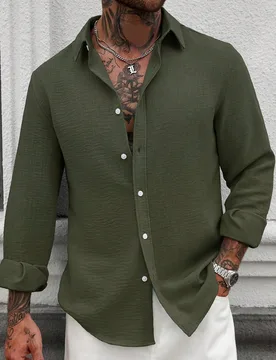 Camisa de lino de manga larga de unicolor con botones para hombre, casual, con textura, verde militar, formal S - Shein - FashionsVida