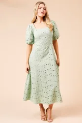 Women's DP Luxe Lace Puff Sleeve Midi Dress in Sage Size: 14 - Sage - Size: 14
