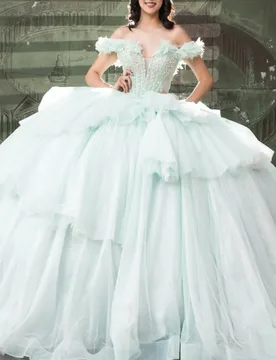 Aqua blue Shiny Ball Gown Quinceanera Dresses Beading Crystal Tiered Tull Corset Off The Shoulder Sweet 16 Dress vestidos 15 de - Aliexpress - FashionsVida