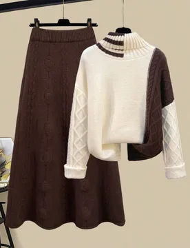 Nuevo conjunto de 2 piezas de moda elegante y casual para mujer, suéter holgado de cuello alto de manga larga con bloques de color y falda, ropa de o - Shein - FashionsVida