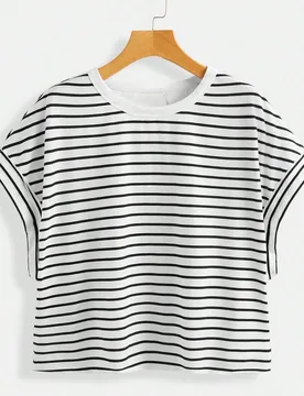 Camiseta de cuello redondo con mangas cortas y espalda descubierta a rayas, de moda para el verano XXS - Shein - FashionsVida