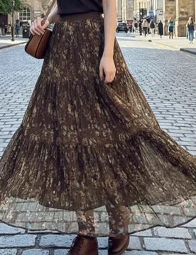 Falda plisada de línea A con malla floral marrón, falda holgada de cintura alta para uso casual y laboral, ideal para vacaciones S - Shein - FashionsVida