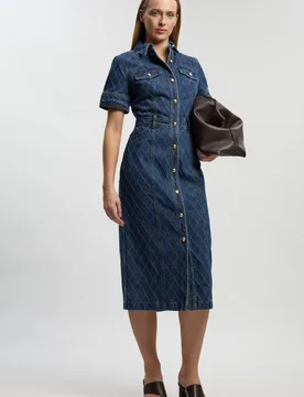 Women's Petite Denim Printed Midi Dress in Blue Size: 12 - Blue - Size: 12 - Karen millen - FashionsVida