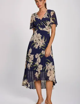 Women's Angel Sleeve Pleated Chiffon Maxi Dress in Mid Navy Size: 22 - Mid Navy - Size: 22 - Jolie Moi - FashionsVida