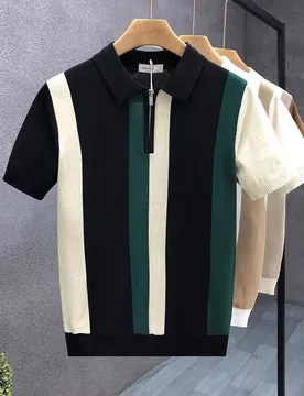 POLO shirt lapel short-sleeved knitted sweater men's half zipper color blocking British business - Aliexpress - FashionsVida