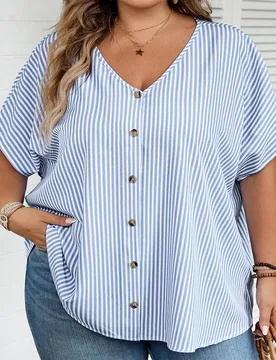 Camisa casual de manga corta con cuello en V, botones delanteros y estampado de rayas, para tallas grandes, ideal para verano, campo o vacaciones en l - Shein - FashionsVida