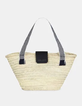 Capazo con asas largas Sandra Fleckled en palma natural y piel lisa - Sandra Freckled - FashionsVida
