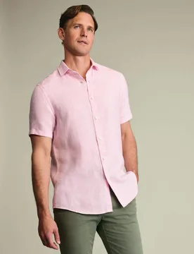 Slim Fit Pure Linen Short Sleeve Shirt Pink male - Charles Tyrwhitt - FashionsVida