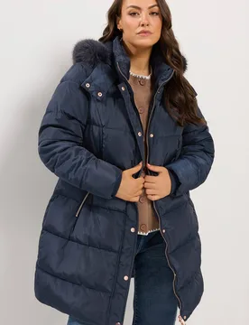 Women's Midi Puffer Coat in Dark Navy Size: 14 - Dark Navy - Size: 14 - Yours - FashionsVida