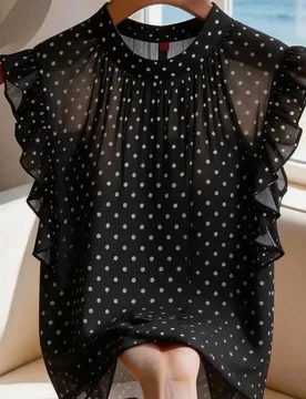 Blusa sin mangas de gasa con lunares blancos sobre base negra Estilo retro francés dulce, tela de gasa ligera adecuada para citas, compras/té de la - Shein - FashionsVida
