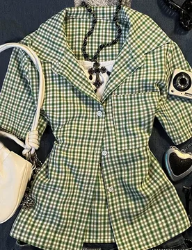Camisa de manga corta a cuadros retro de los 90, 70 y 2000 para mujer, cuello polo verde, casual y cómoda, para verano, escuela, vuelta a clases, uso - Shein - FashionsVida