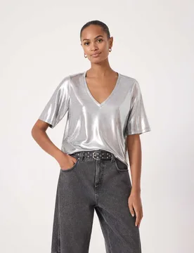 Metallic V-Neck T-Shirt Silver female - hush - FashionsVida