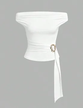 Nueva camiseta de mujer de primavera/verano con diseño de alta calle elegante, textura vintage en capas, cuello asimétrico minimalista y ajustada, c - Shein - FashionsVida