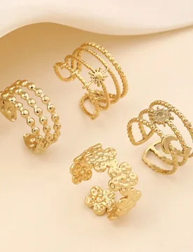 Set de 4 anillos de nudillo de acero inoxidable con diseño de estrella y luna en color dorado, adecuado para uso diario o como regalo para amigos - Shein - FashionsVida