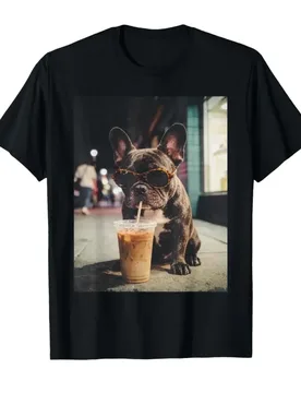 French Bulldog Drinking Iced Coffee Funny Animal T-shirt For Men Women 100% Cotton T Shirts Short Sleeve Tops 0406-1 - Aliexpress - FashionsVida