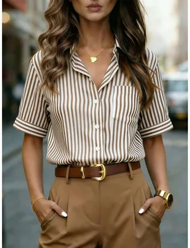 Camisa clásica de rayas de manga corta para mujer, blusa con cuello, botones delanteros y bolsillo, casual de negocios para oficina, trabajo, uso dia - Shein - FashionsVida