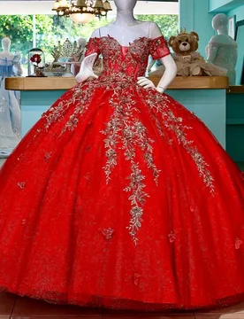Red Shiny Quinceanera Dresses Off The Shoulder Applique Bow Beads Tull Party Birthday Sweet 16 Dress Vestidos 15 de anos - Aliexpress - FashionsVida