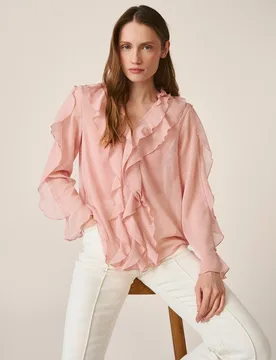 Blusa de mujer de manga larga con volantes y escote en pico - Alma en Pena - FashionsVida